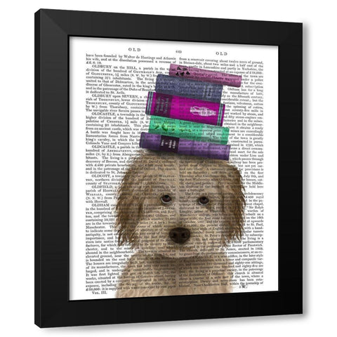 Labradoodle, Cream, and Books Black Modern Wood Framed Art Print by Fab Funky