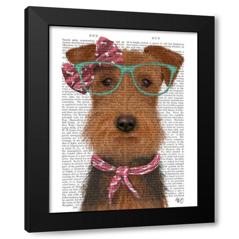 Airedale with Glasses and Scarf Black Modern Wood Framed Art Print by Fab Funky
