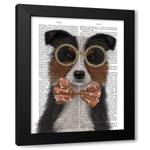Border Collie, Tricolour, with Glasses and Bow Tie Black Modern Wood Framed Art Print by Fab Funky
