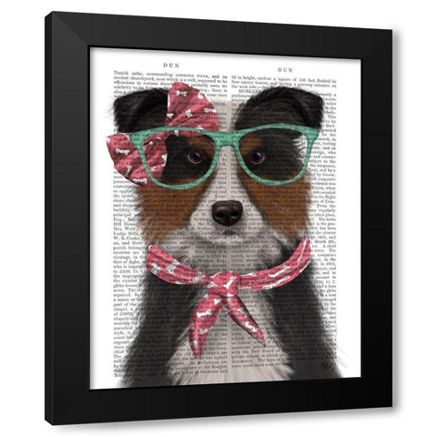 Border Collie, Tricolour, with Glasses and Scarf Black Modern Wood Framed Art Print with Double Matting by Fab Funky
