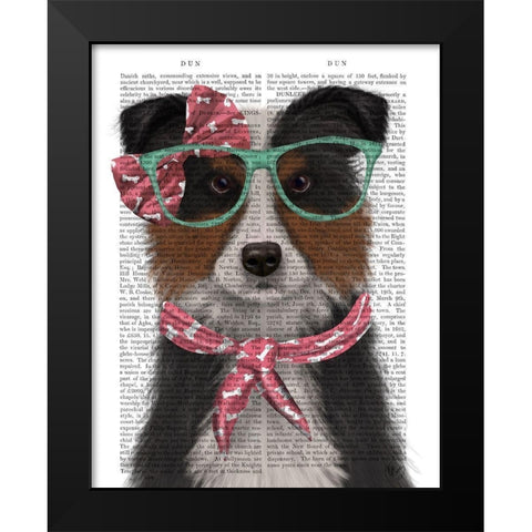 Border Collie, Tricolour, with Glasses and Scarf Black Modern Wood Framed Art Print by Fab Funky