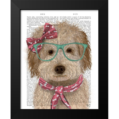 Labradoodle, Cream, with Glasses and Scarf Black Modern Wood Framed Art Print by Fab Funky