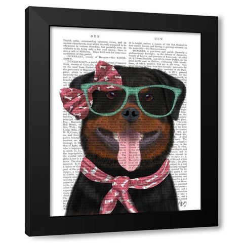 Rottweiler with Glasses and Scarf Black Modern Wood Framed Art Print by Fab Funky