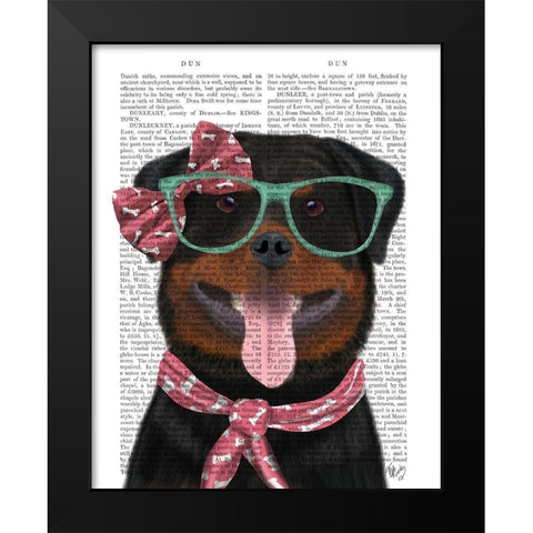 Rottweiler with Glasses and Scarf Black Modern Wood Framed Art Print by Fab Funky