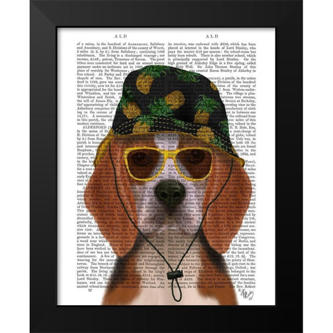 Beagle and Bucket Hat Black Modern Wood Framed Art Print by Fab Funky