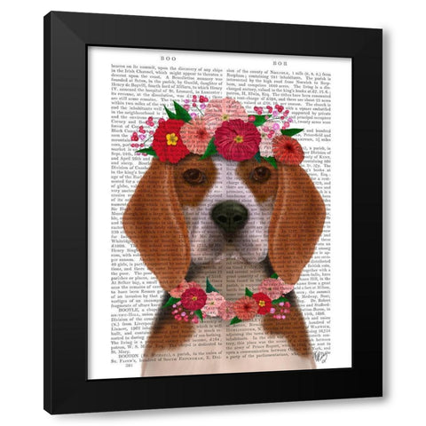 Beagle Flower Headdress Black Modern Wood Framed Art Print by Fab Funky