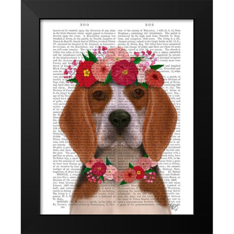Beagle Flower Headdress Black Modern Wood Framed Art Print by Fab Funky
