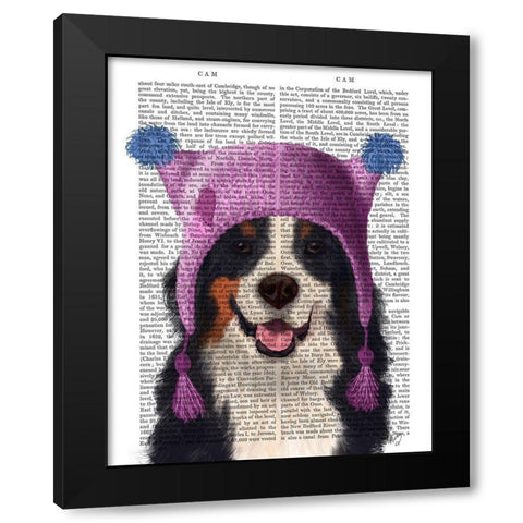 Bernese And Bobble Hat Black Modern Wood Framed Art Print by Fab Funky