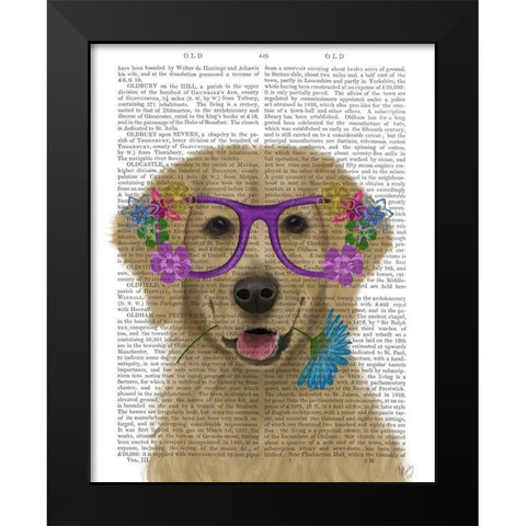 Golden Retriever and Flower Glasses Black Modern Wood Framed Art Print by Fab Funky