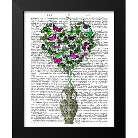 Butterfly Heart Bush, Green and Pink Black Modern Wood Framed Art Print by Fab Funky