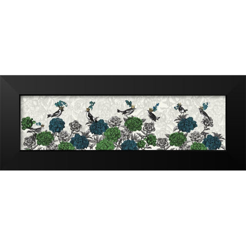 Blooming Birds, Blue and Green Black Modern Wood Framed Art Print by Fab Funky