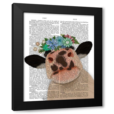 Cow with Flower Crown 2 Book Print Black Modern Wood Framed Art Print with Double Matting by Fab Funky