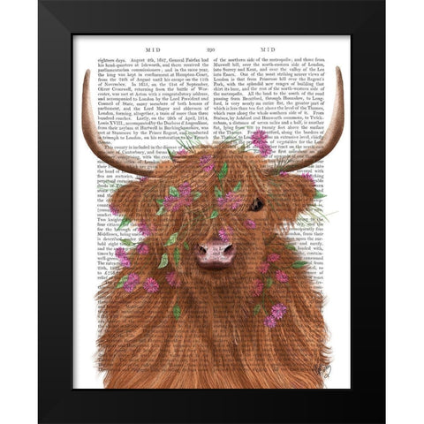 Highland Cow 1, Pink Flowers Book Print Black Modern Wood Framed Art Print by Fab Funky