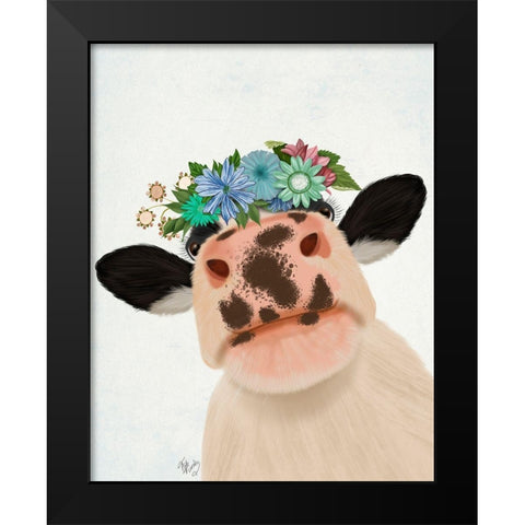 Cow with Flower Crown 1 Black Modern Wood Framed Art Print by Fab Funky