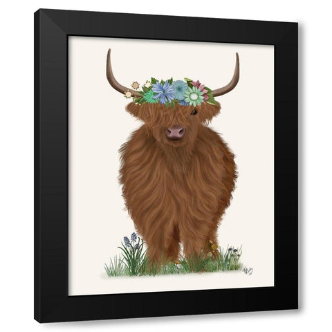 Highland Cow with Flower Crown 2, Full Black Modern Wood Framed Art Print by Fab Funky