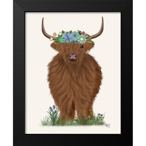 Highland Cow with Flower Crown 2, Full Black Modern Wood Framed Art Print by Fab Funky