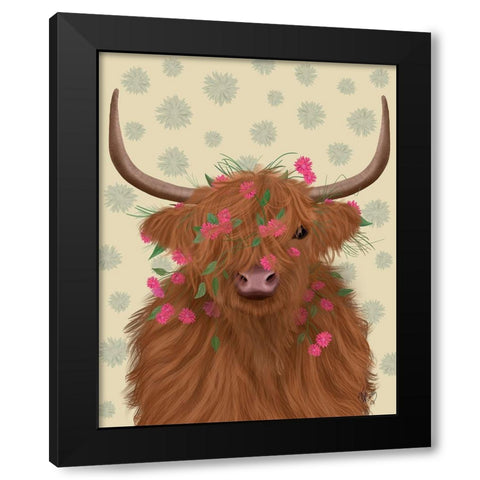 Highland Cow 1, Pink Flowers Black Modern Wood Framed Art Print by Fab Funky