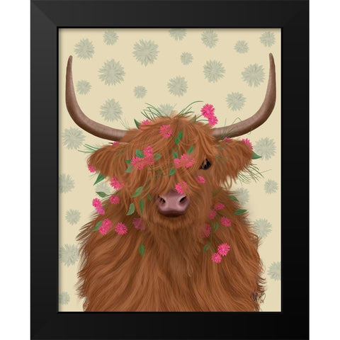Highland Cow 1, Pink Flowers Black Modern Wood Framed Art Print by Fab Funky