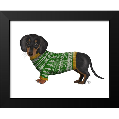 Christmas Des - Dachshund and Christmas Sweater Black Modern Wood Framed Art Print by Fab Funky