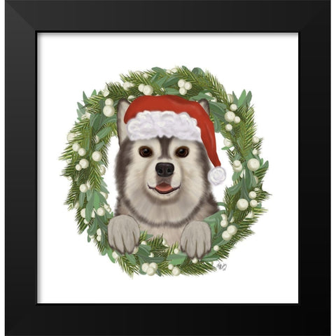 Christmas Des - Husky Wreath Black Modern Wood Framed Art Print by Fab Funky