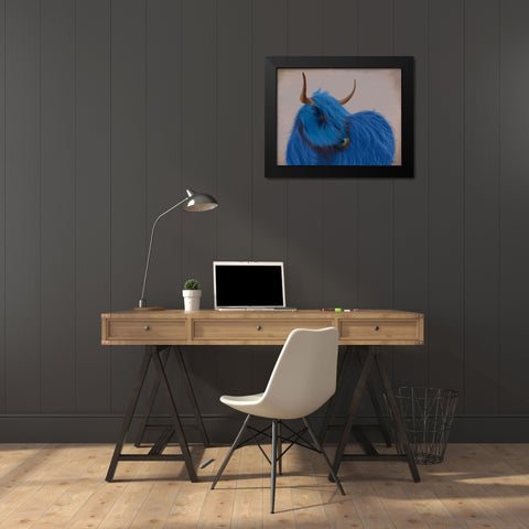 Highland Cow 2, Blue, Portrait Black Modern Wood Framed Art Print by Fab Funky