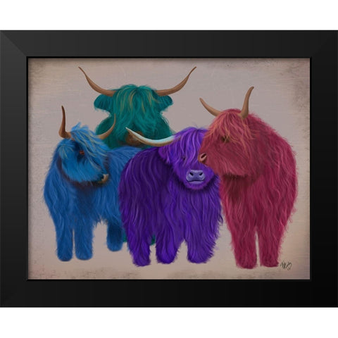 Highland Cows, Multicoloured Herd Black Modern Wood Framed Art Print by Fab Funky