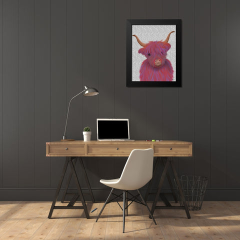 Highland Cow 7, Pink And Purple, Portrait Black Modern Wood Framed Art Print by Fab Funky