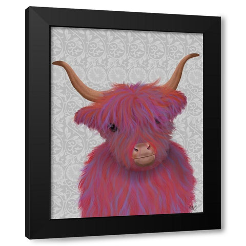 Highland Cow 7, Pink And Purple, Portrait Black Modern Wood Framed Art Print by Fab Funky