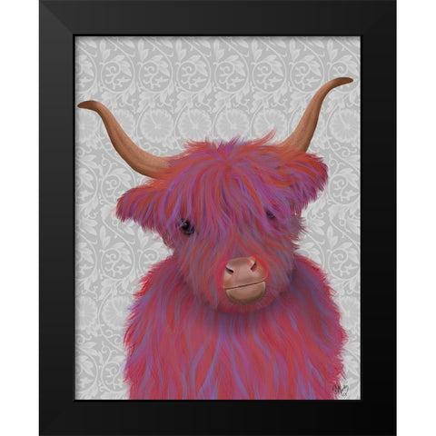 Highland Cow 7, Pink And Purple, Portrait Black Modern Wood Framed Art Print by Fab Funky