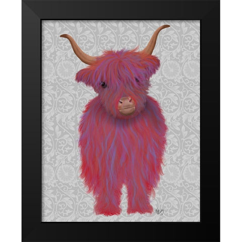 Highland Cow 7, Pink And Purple, Full Black Modern Wood Framed Art Print by Fab Funky