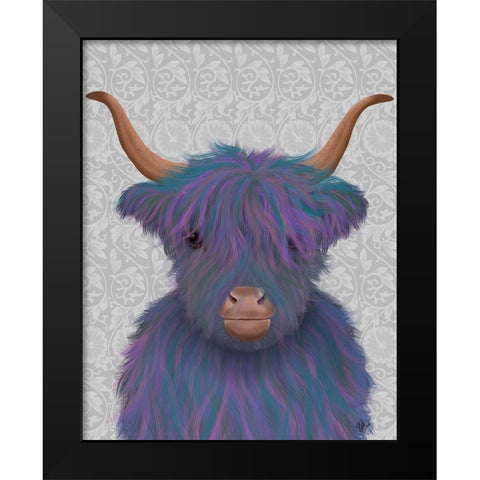 Highland Cow 7, Purple, Portrait Black Modern Wood Framed Art Print by Fab Funky