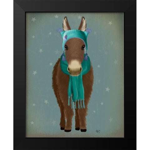 Donkey Blue Hat and Scarf Black Modern Wood Framed Art Print by Fab Funky