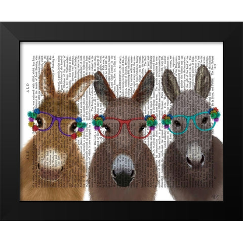 Donkey Trio Flower Glasses Book Print Black Modern Wood Framed Art Print by Fab Funky