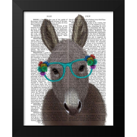 Donkey Turquoise Flower Glasses Book Print Black Modern Wood Framed Art Print by Fab Funky