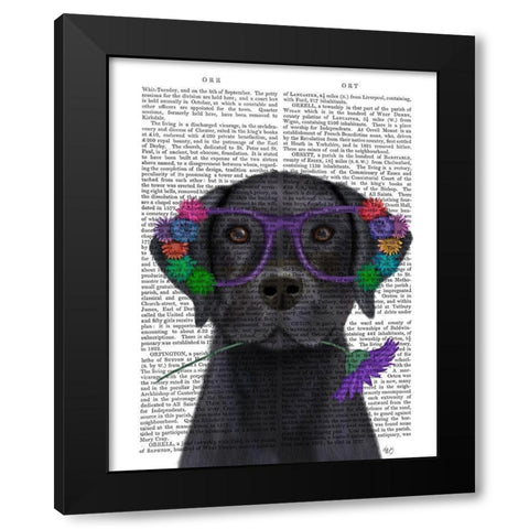 Black Labrador and Flower Glasses Book Print Black Modern Wood Framed Art Print by Fab Funky