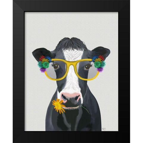 Cow and Flower Glasses Black Modern Wood Framed Art Print by Fab Funky