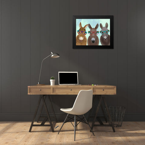 Donkey Trio Flower Glasses Black Modern Wood Framed Art Print by Fab Funky