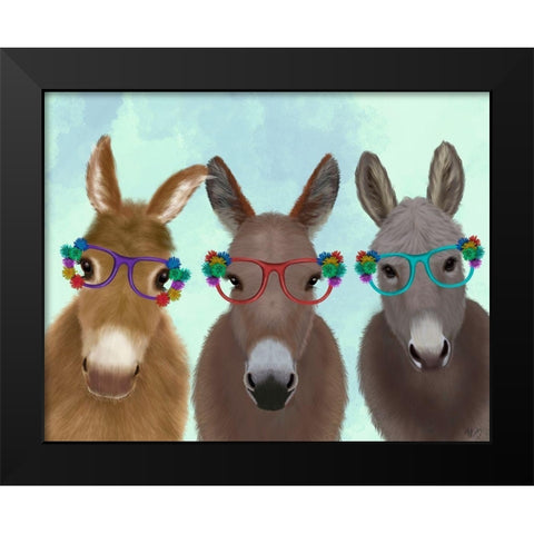 Donkey Trio Flower Glasses Black Modern Wood Framed Art Print by Fab Funky