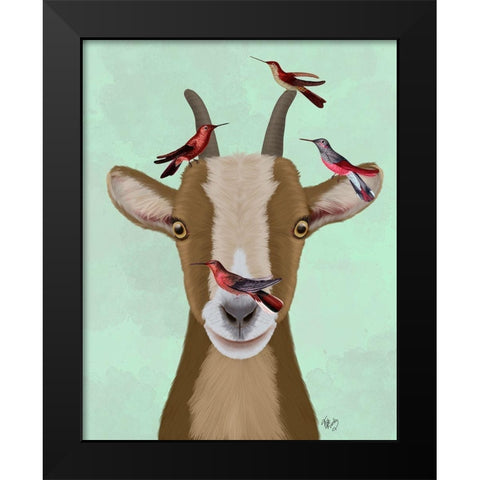 Goat and Red Birds Black Modern Wood Framed Art Print by Fab Funky
