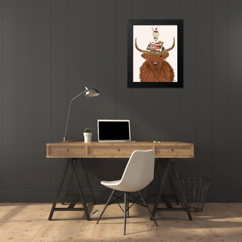 Highland Cow and Ice Cream Hat Black Modern Wood Framed Art Print by Fab Funky