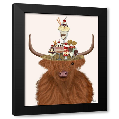 Highland Cow and Ice Cream Hat Black Modern Wood Framed Art Print by Fab Funky