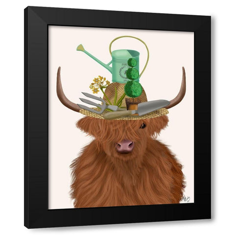 Highland Cow and Gardeners Hat Black Modern Wood Framed Art Print with Double Matting by Fab Funky