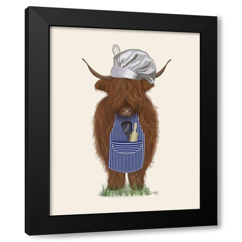 Highland Cow Chef Black Modern Wood Framed Art Print with Double Matting by Fab Funky