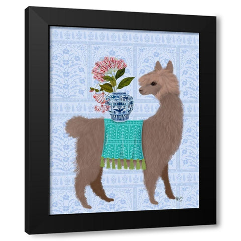 Llama Chinoiserie 1 Black Modern Wood Framed Art Print with Double Matting by Fab Funky