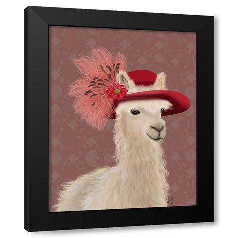 Llama Red Feather Hat Black Modern Wood Framed Art Print by Fab Funky