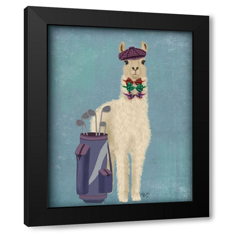 Llama Golfing Black Modern Wood Framed Art Print with Double Matting by Fab Funky
