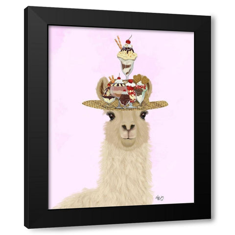 Llama Ice Cream Hat Black Modern Wood Framed Art Print with Double Matting by Fab Funky