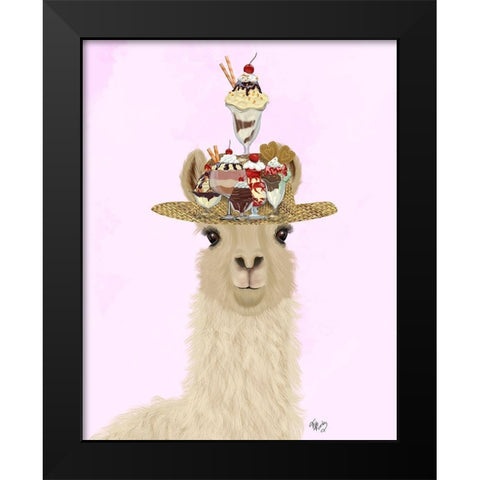 Llama Ice Cream Hat Black Modern Wood Framed Art Print by Fab Funky