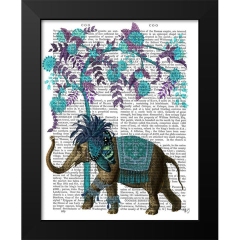 Niraj Elephant, Blue Tree Black Modern Wood Framed Art Print by Fab Funky