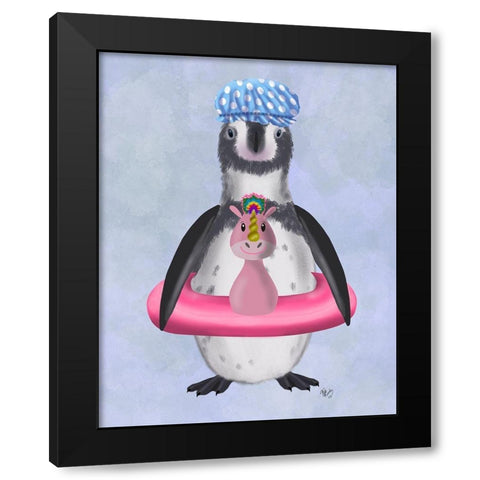 Penguin Unicorn Rubber Ring Black Modern Wood Framed Art Print with Double Matting by Fab Funky